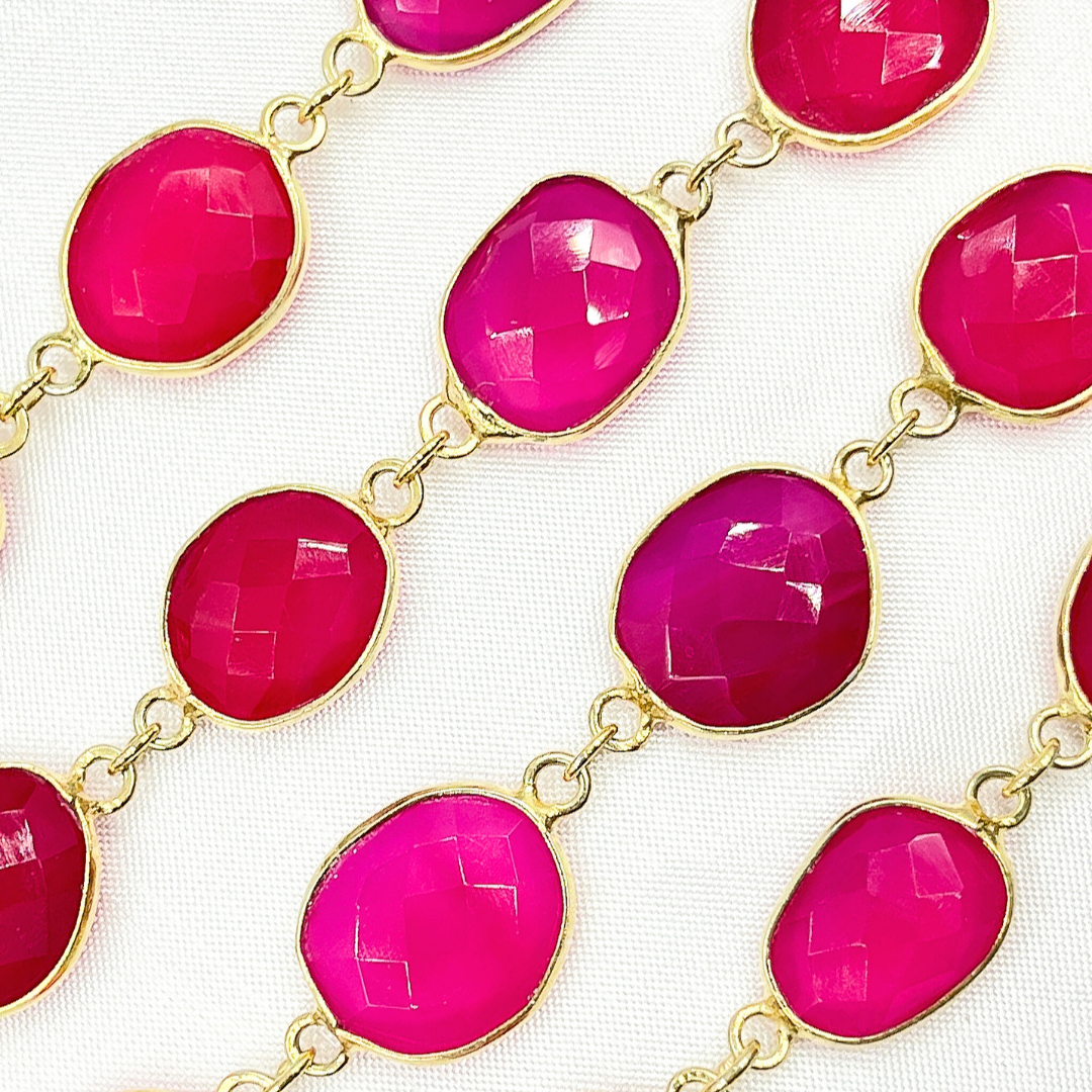 Pink Chalcedony Shape Bezel Gold Plated Wire Chain. PCL2