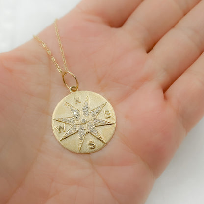 14k Solid Gold Diamond Medallion Compass Charm. CGDP12