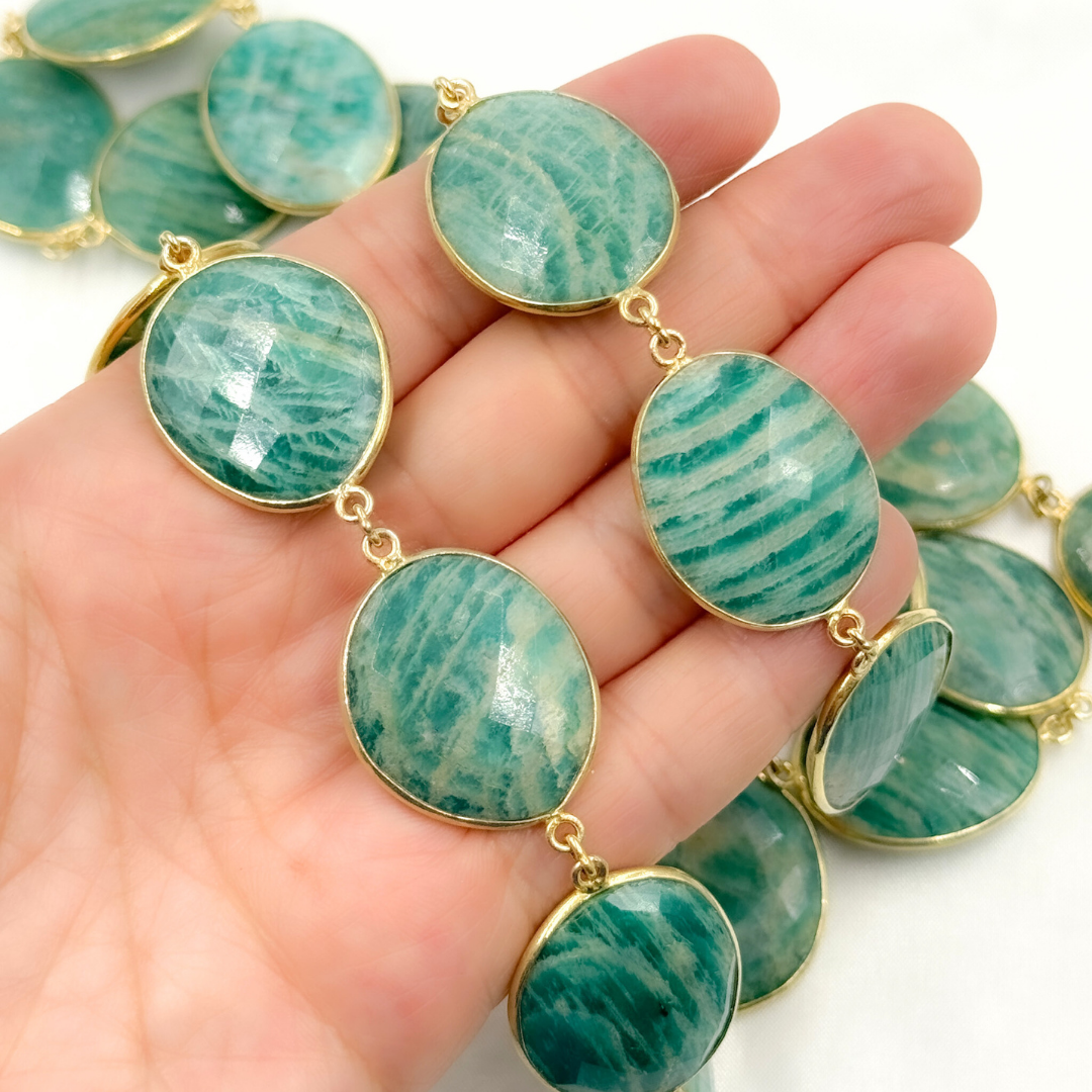 Amazonite Oval Shape Bezel Gold Plated Wire Chain. AMZ6