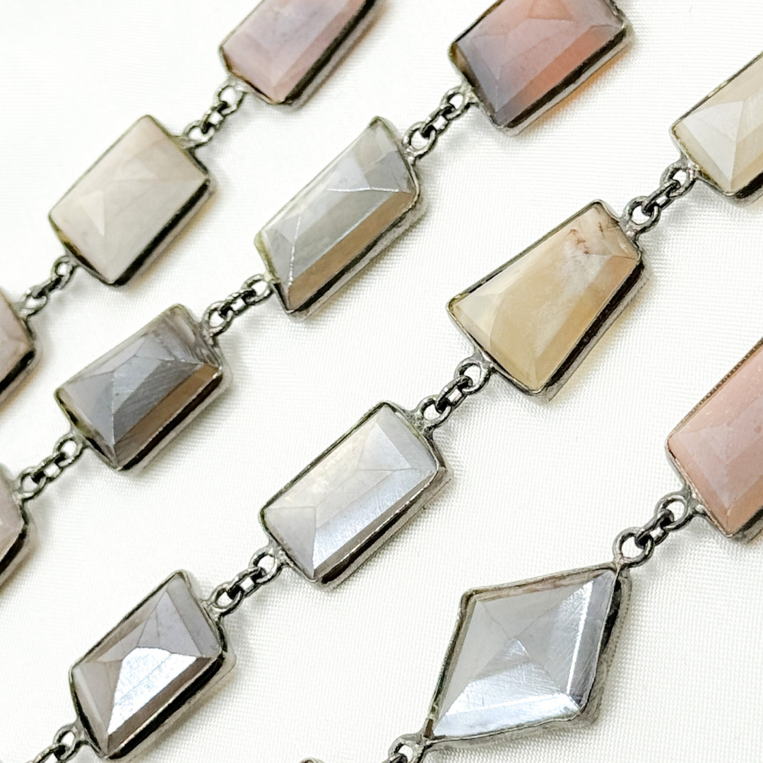 Coated Multi Moonstone Organic Shape Bezel Oxidized Wire Chain. CMS16