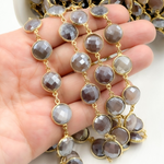 Load image into Gallery viewer, Coated Chocolate Moonstone Round Shape Bezel Gold Plated Wire Chain. CMS25
