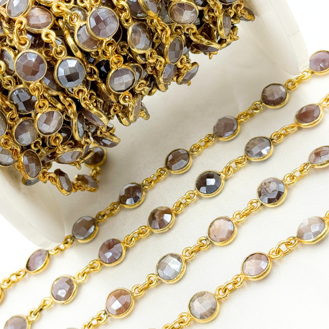 Coated Chocolate Moonstone Round Shape Bezel Gold Plated Wire Chain. CMS10