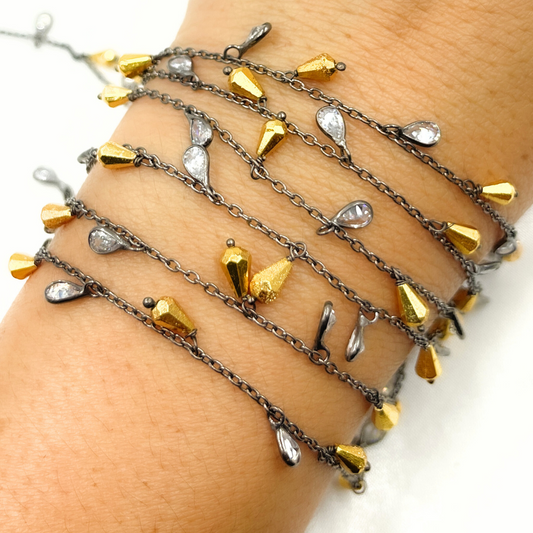 Golden Pyrite Drop & CZ Pear Shape Dangle Oxidized Wire Chain.