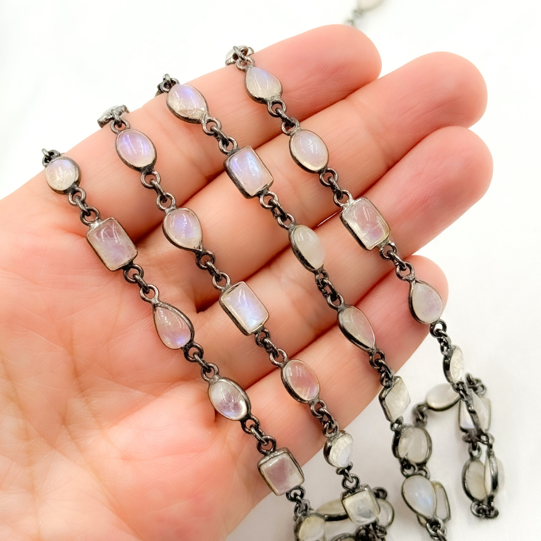 White Moonstone Mix Shape Bezel Oxidized Wire Chain. WMS39