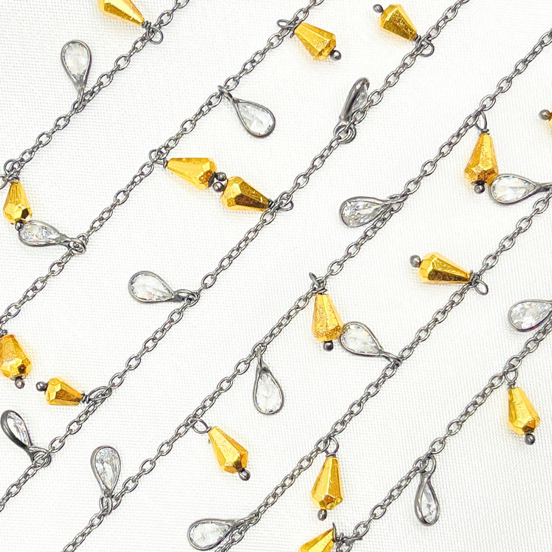 Golden Pyrite Drop & CZ Pear Shape Dangle Oxidized Wire Chain. PYR31