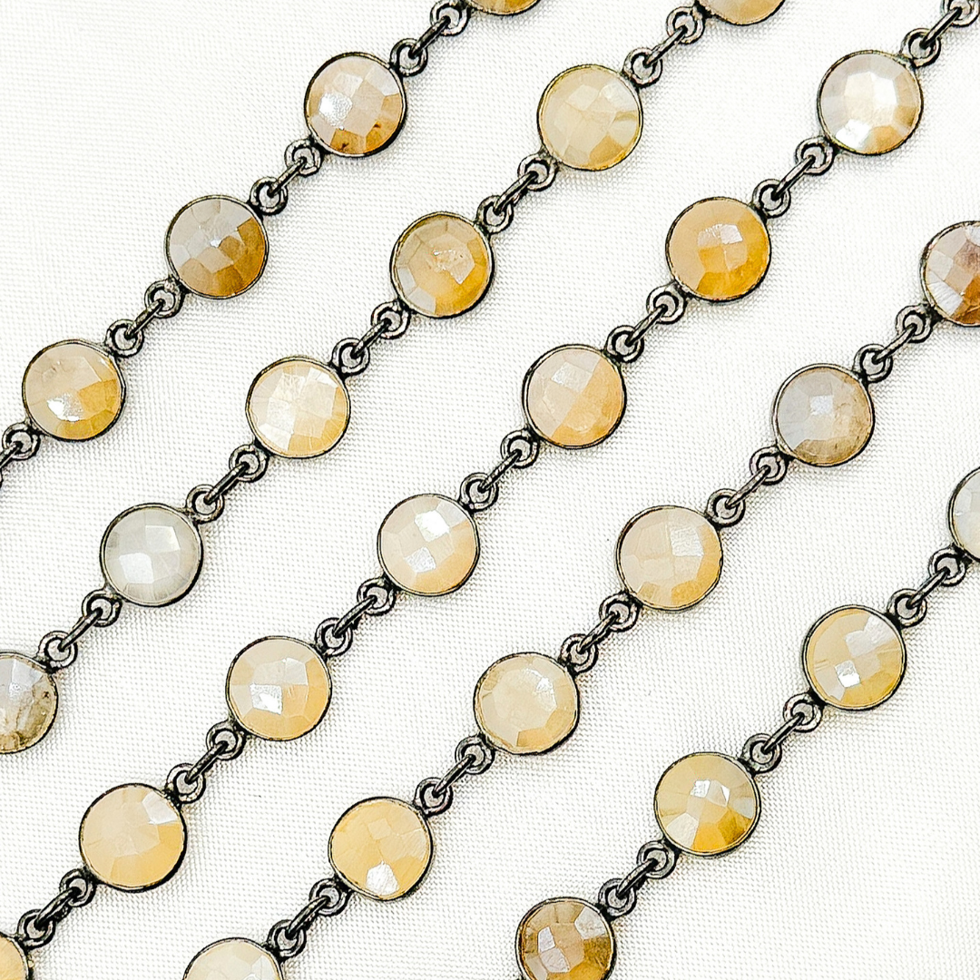 Coated White Moonstone Round Shape Bezel Oxidized Wire Chain. CMS101