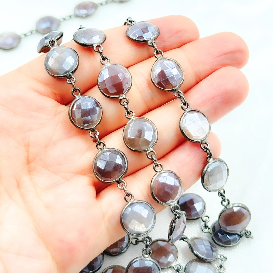 Coated Chocolate Moonstone Round Shape Bezel Oxidized Wire Chain. CMS14