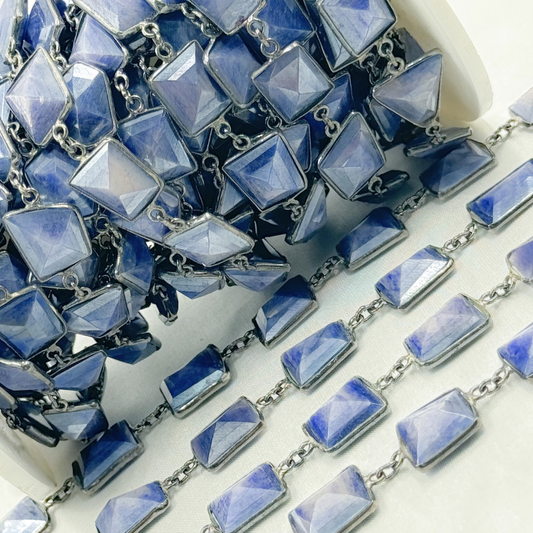 Coated Blue Quartz Rectangle Shape Bezel Oxidized Wire Chain