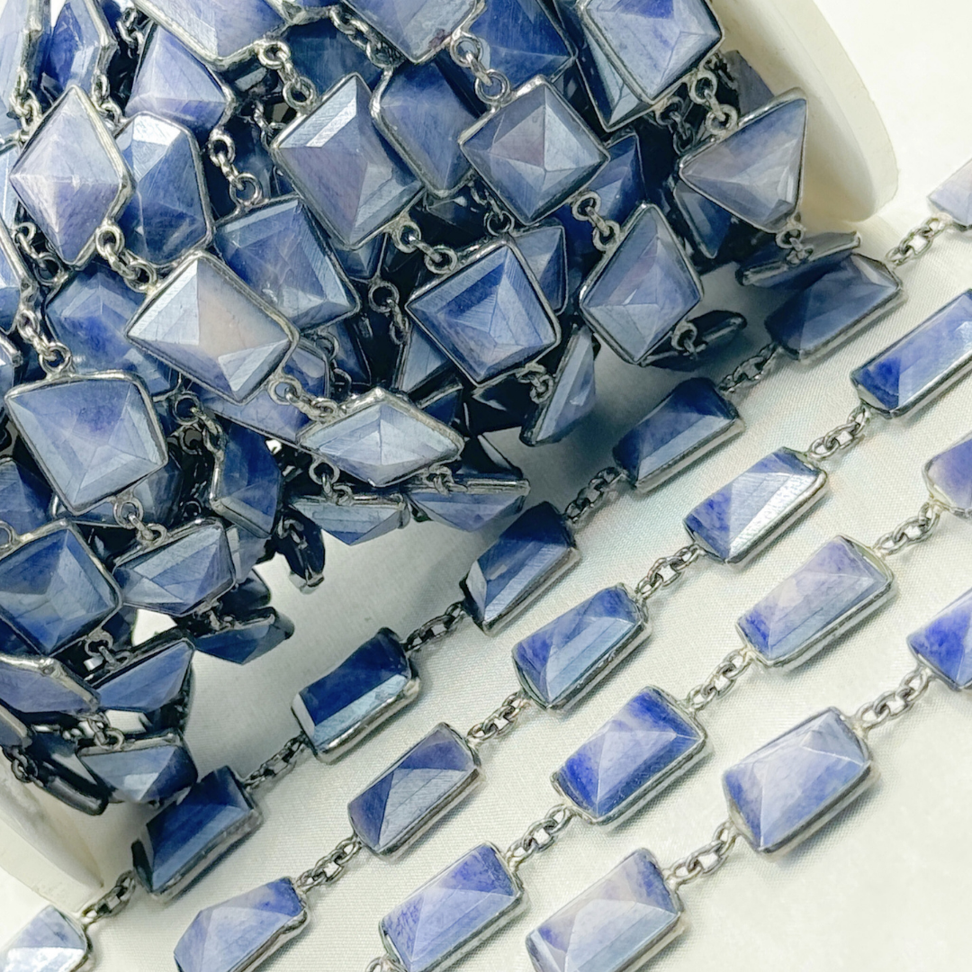 Coated Blue Quartz Rectangle Shape Bezel Oxidized Wire Chain. CQU47