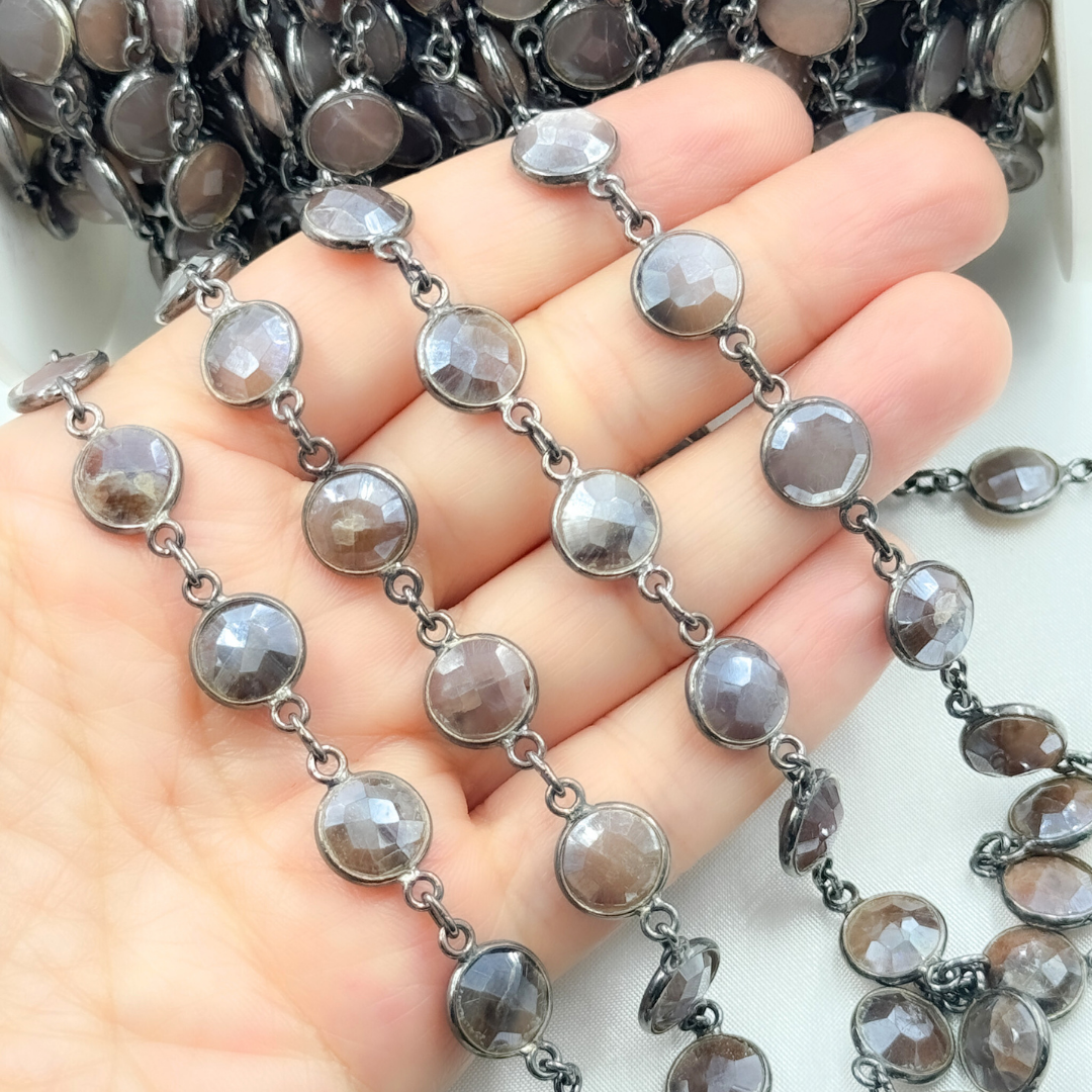 Coated Chocolate Moonstone Round Shape Bezel Oxidized Wire Chain. CMS13