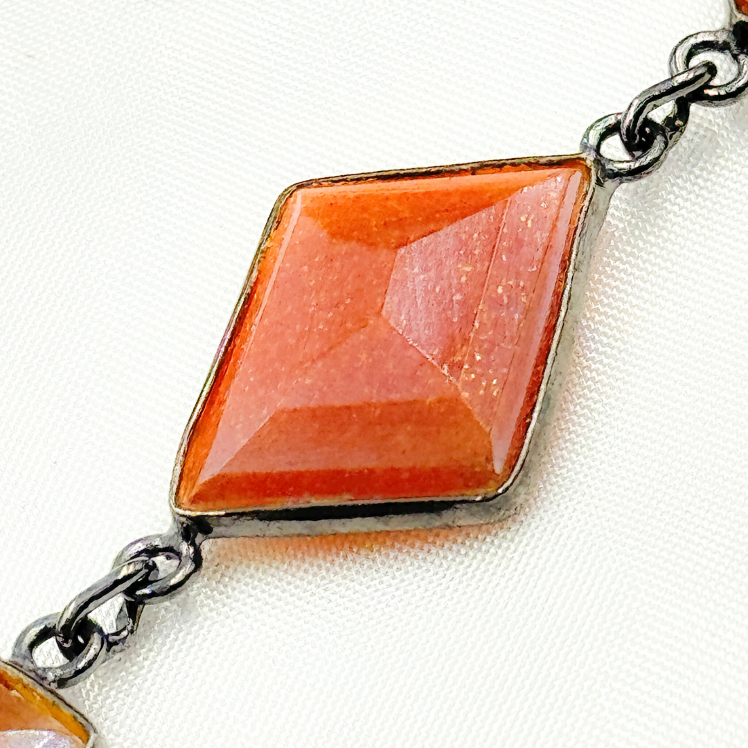 Coated Peach Moonstone Mix Shape Bezel Oxidized Wire Chain. CMS12