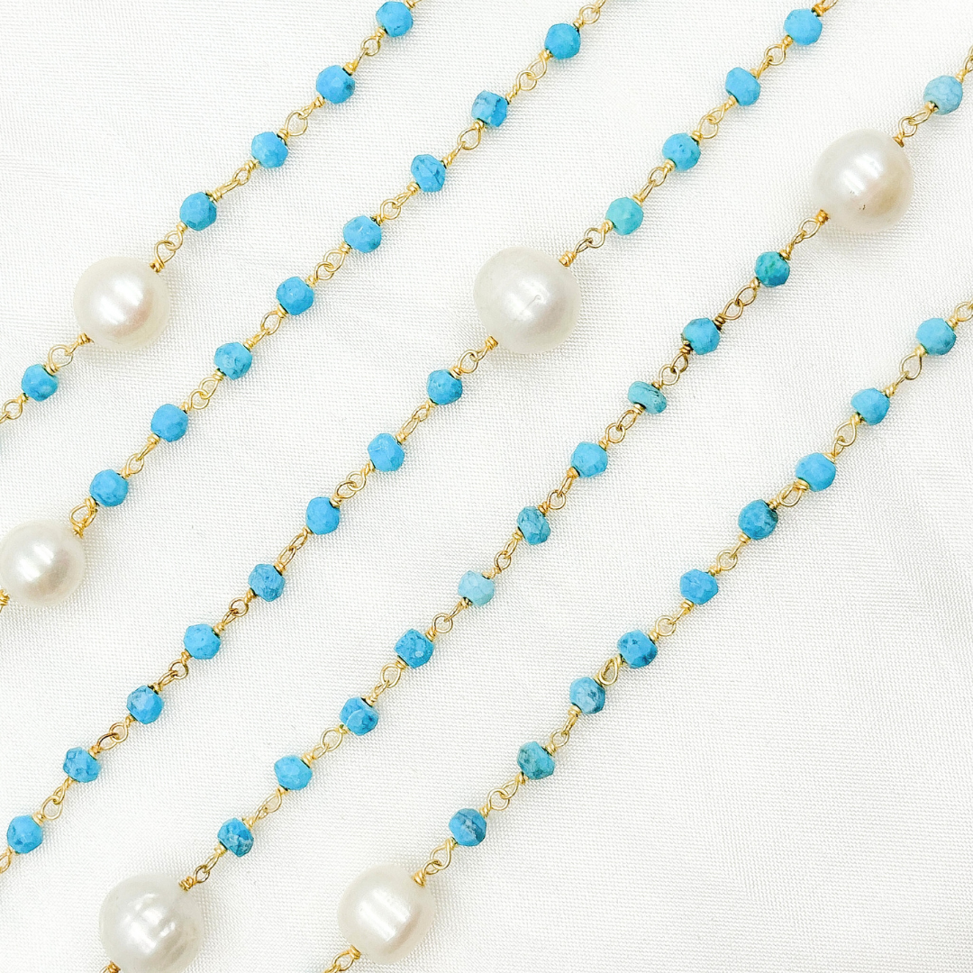 Turquoise & Pearl Gold Plated Wire Chain. TRQ44