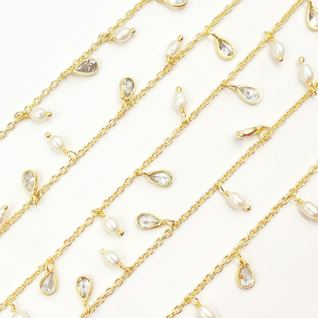 Freshwater Pearl & CZ Dangle Gold Plated Wire Chain. PRL50