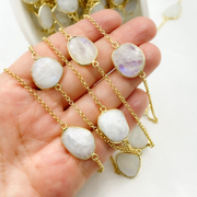 White Moonstone Organic Shape Bezel Gold Plated Connected Wire Chain. RB1