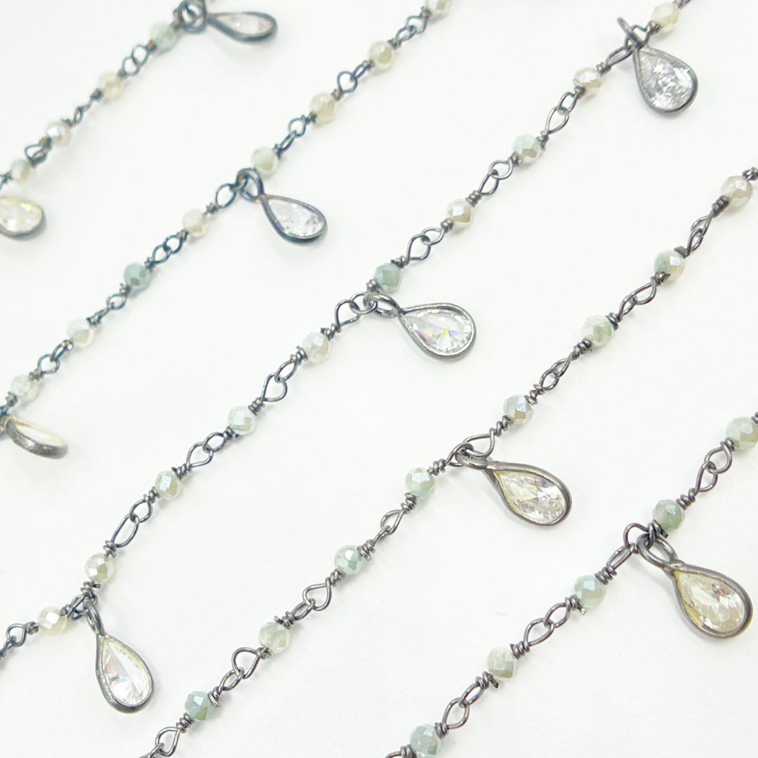 Coated Green Moonstone & CZ Dangle Oxidized Wire Chain. CMS39