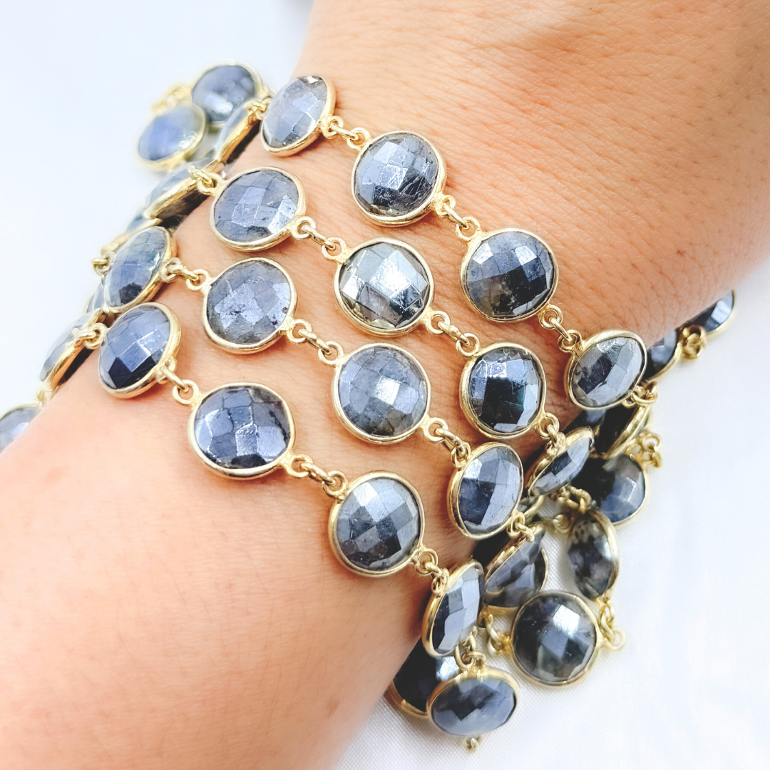 Coated Labradorite Round Shape Bezel Gold Plated Wire Chain. CLB64