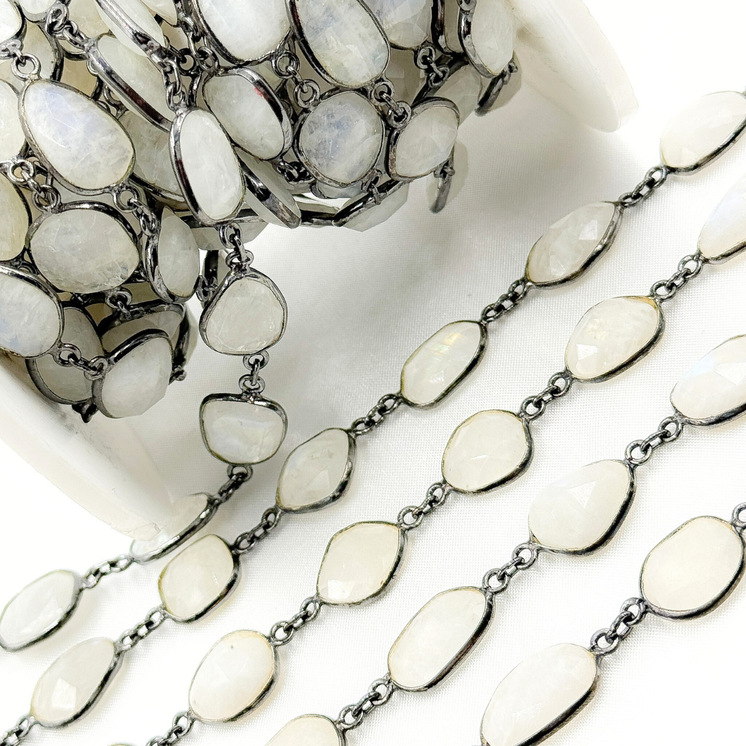 White Moonstone Organic Shape Bezel Oxidized Wire Chain. WMS35