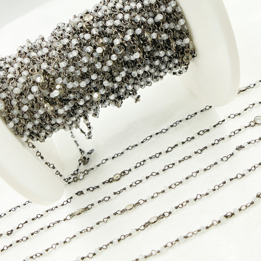 Coated Moonstone & CZ Combination Oxidized Wire Chain. CMS63