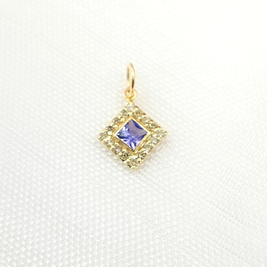 14K Solid Gold Diamond Square Charm with Gemstones. GDP451
