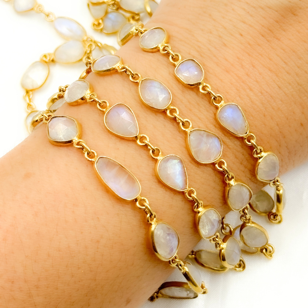 White Moonstone Organic Shape Bezel Gold Plated Wire Chain. WMS14