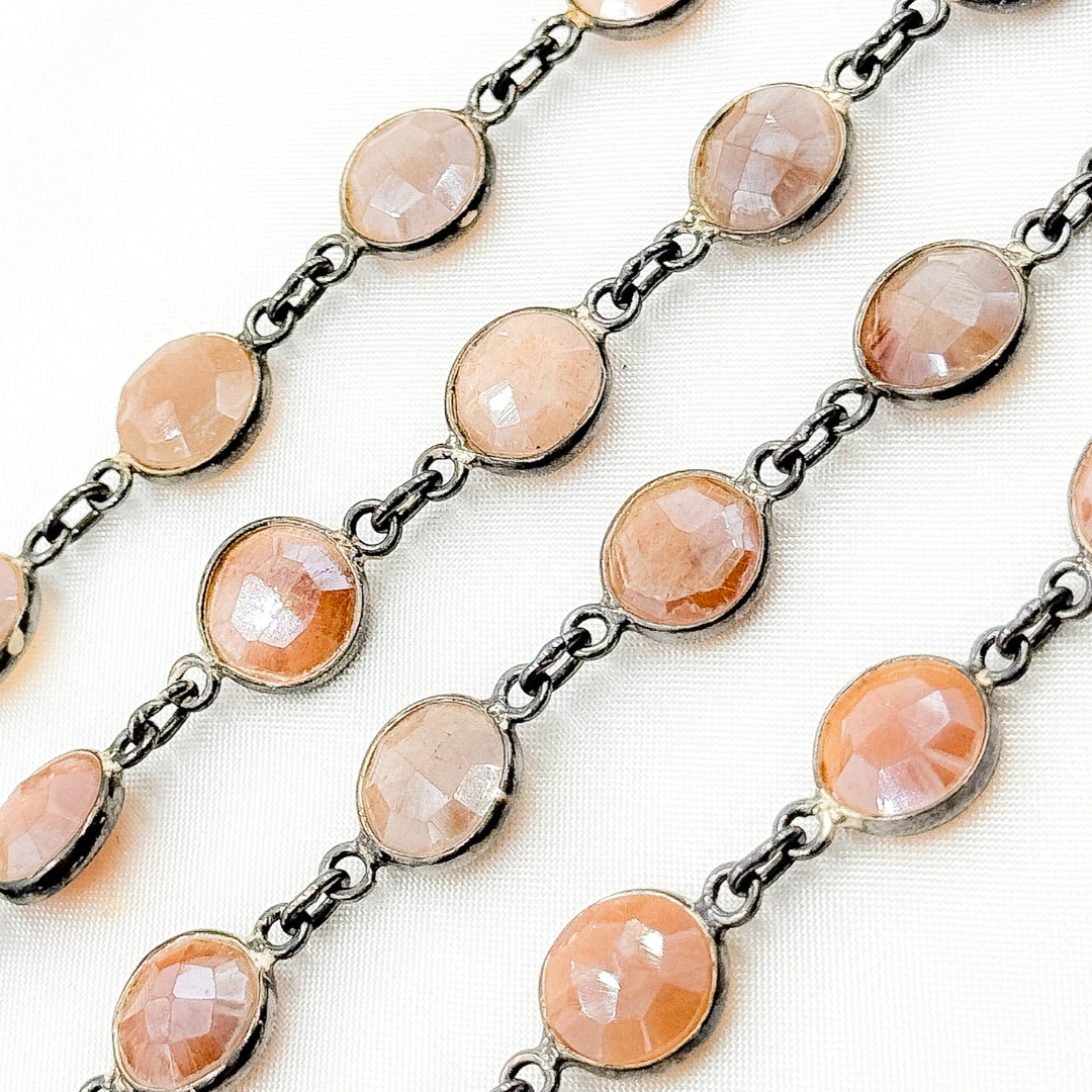 Coated Peach Moonstone Round Shape Bezel Oxidized Wire Chain. CMS110