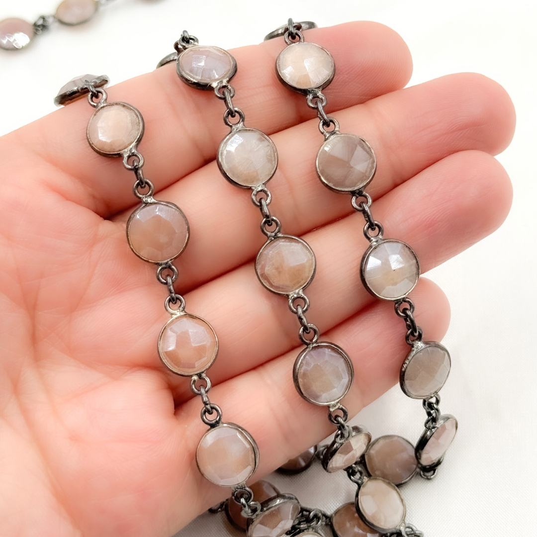 Coated Peach Moonstone Round Shape Bezel Oxidized Wire Chain. CMS110