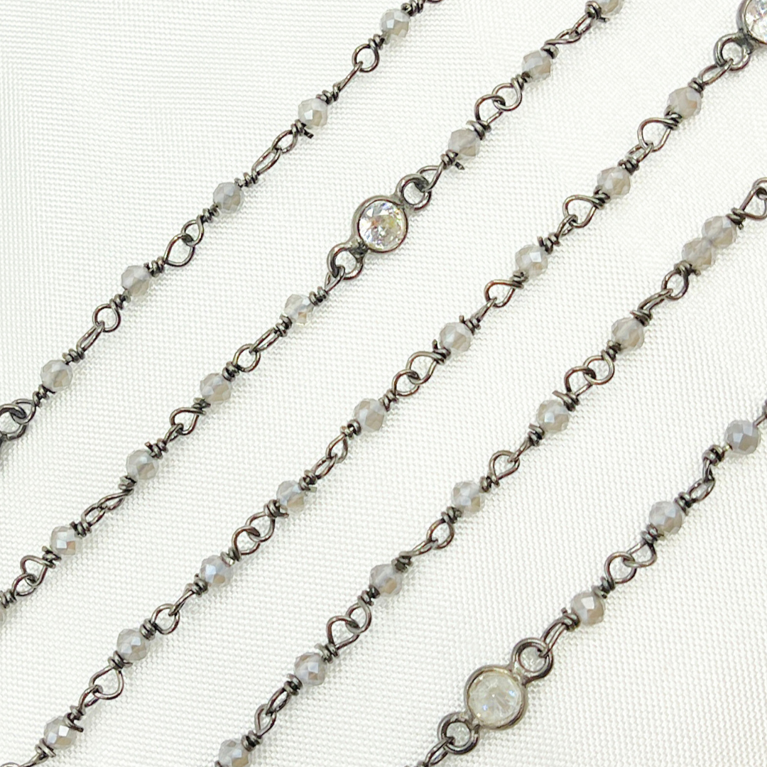 Coated Gray Moonstone & Round CZ Wire Wrap Chain made with Black Rhodium 925 Sterling Silver. CMS55