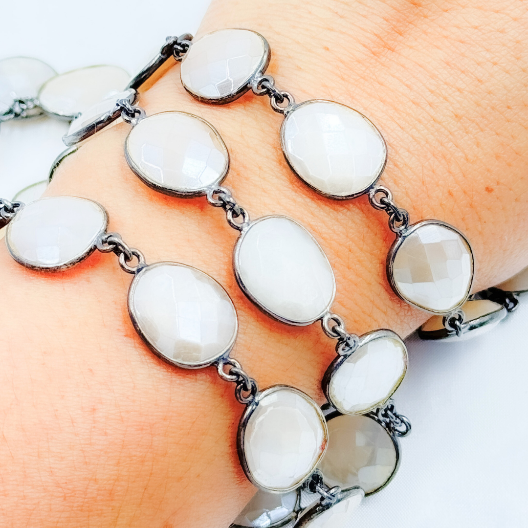 Coated White Moonstone Shape Bezel Oxidized Wire Chain. CMS97