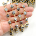 Load image into Gallery viewer, Coated Grey Moonstone Round Shape Bezel Gold Plated Wire Chain. CMS23
