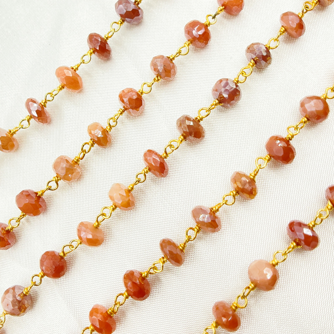 Coated Peach Moonstone Gold Plated Wire Chain. CMS78