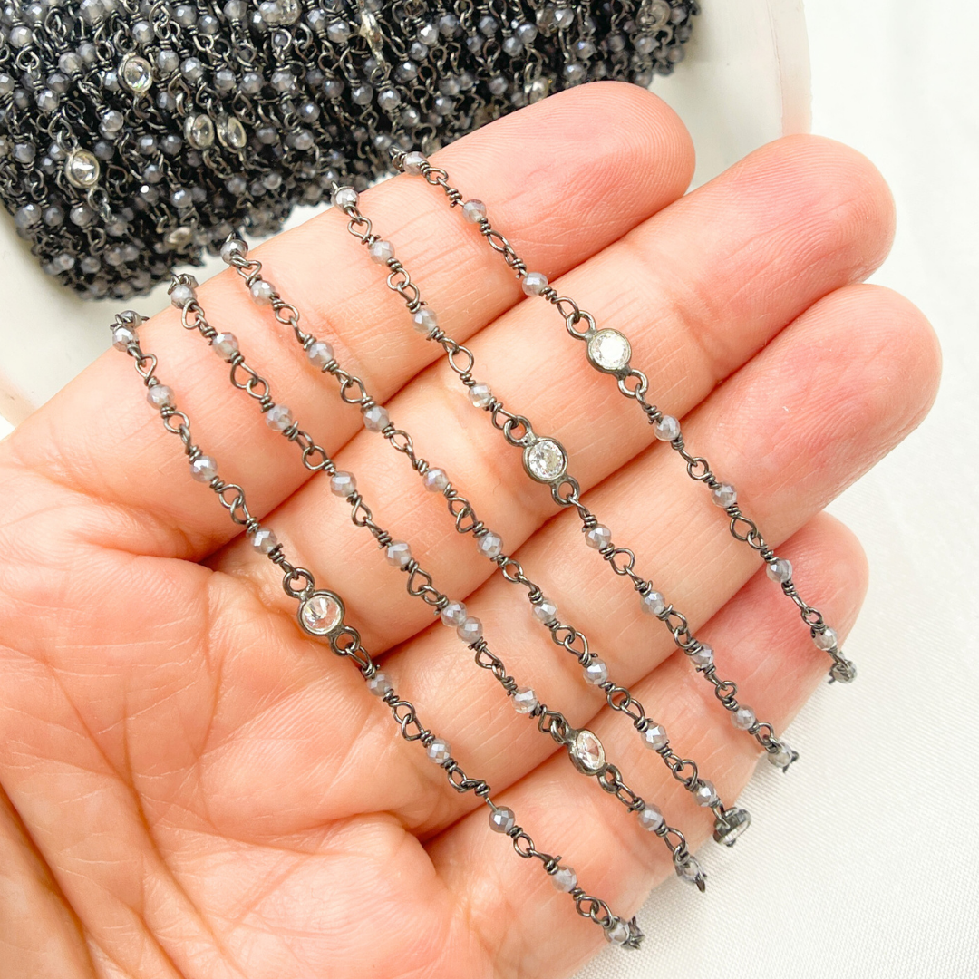 Coated Gray Moonstone & Round CZ Wire Wrap Chain made with Black Rhodium 925 Sterling Silver. CMS55