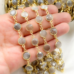 Load image into Gallery viewer, Coated Light Grey Moonstone Round Shape Bezel Gold Plated Wire Chain. CMS114
