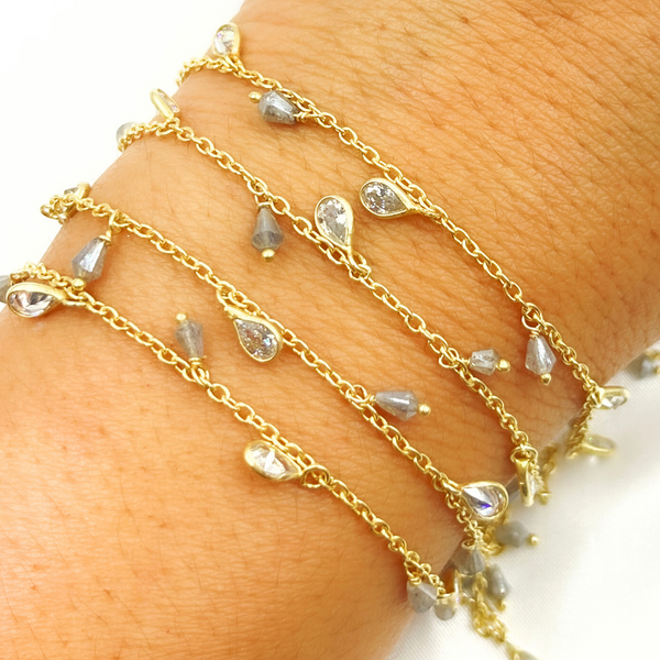 Coated Labradorite Drop & CZ Pear Shape Dangle Gold Plated Wire Chain