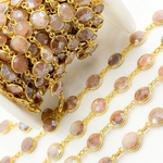 Load image into Gallery viewer, Coated Peach Moonstone Round Shape Bezel Gold Plated Wire Chain. CMS4
