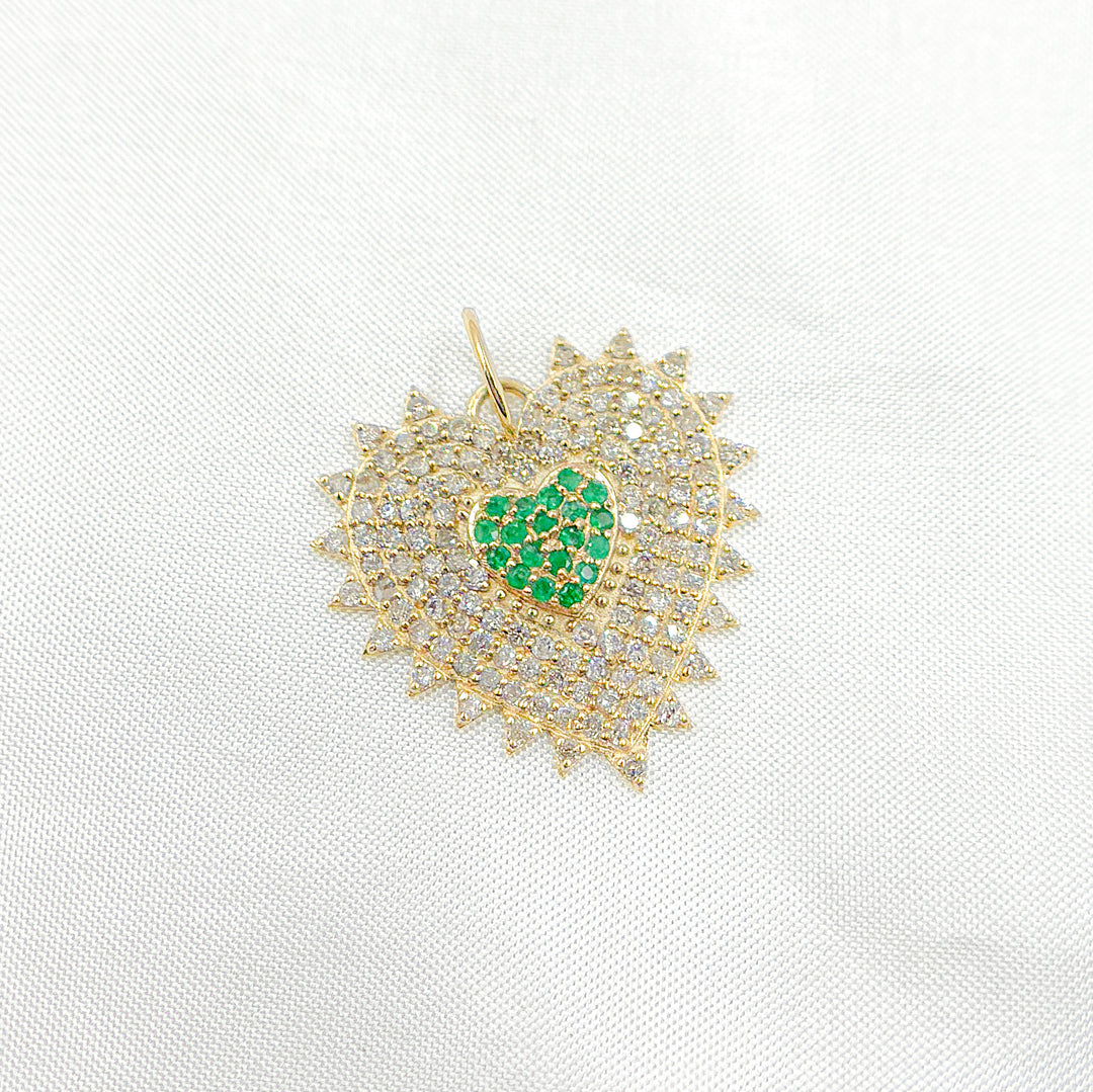 14k Solid Gold Diamond and Emerald Heart Charm. GDP660