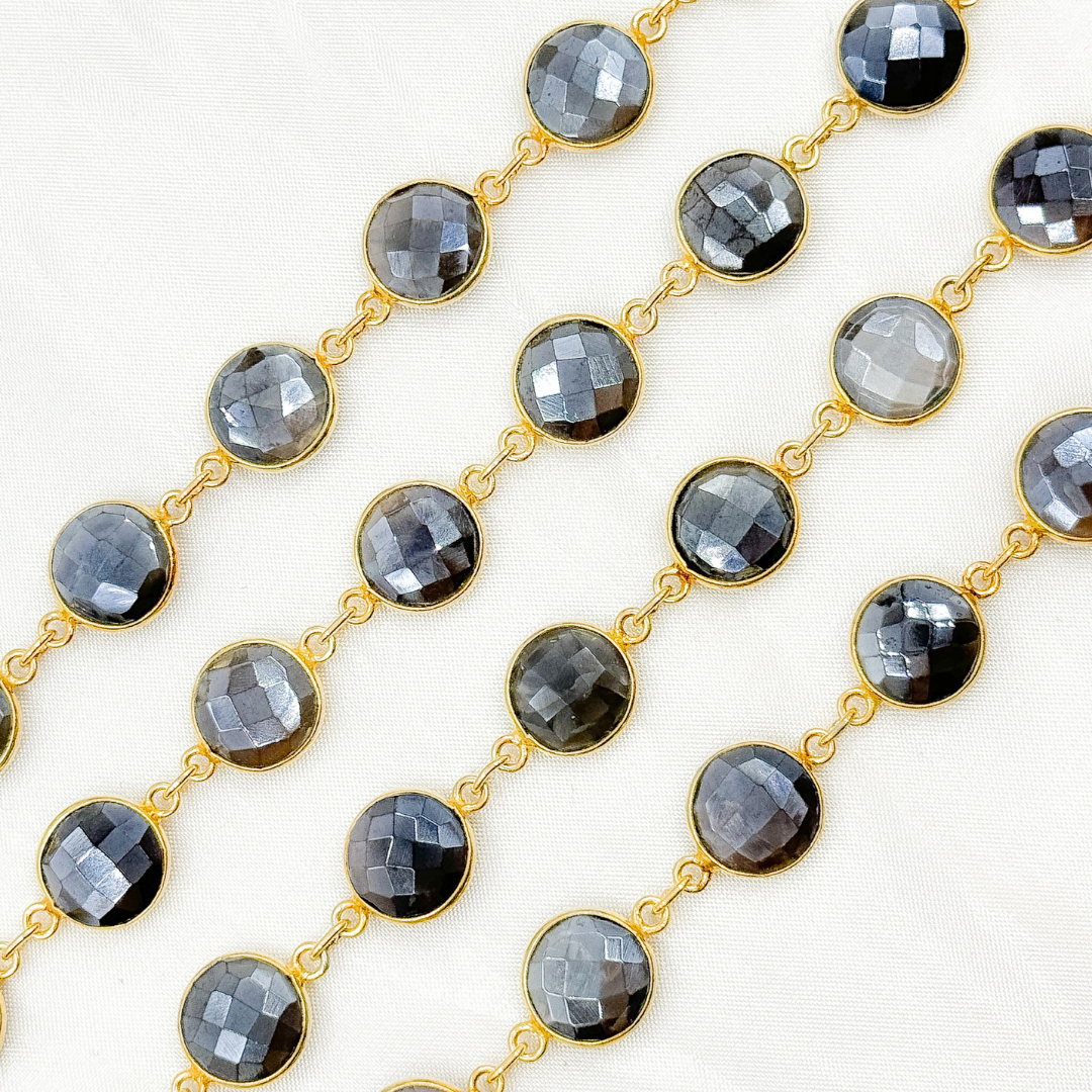 Coated Grey Moonstone Round Shape Bezel Gold Plated Wire Chain. CMS22