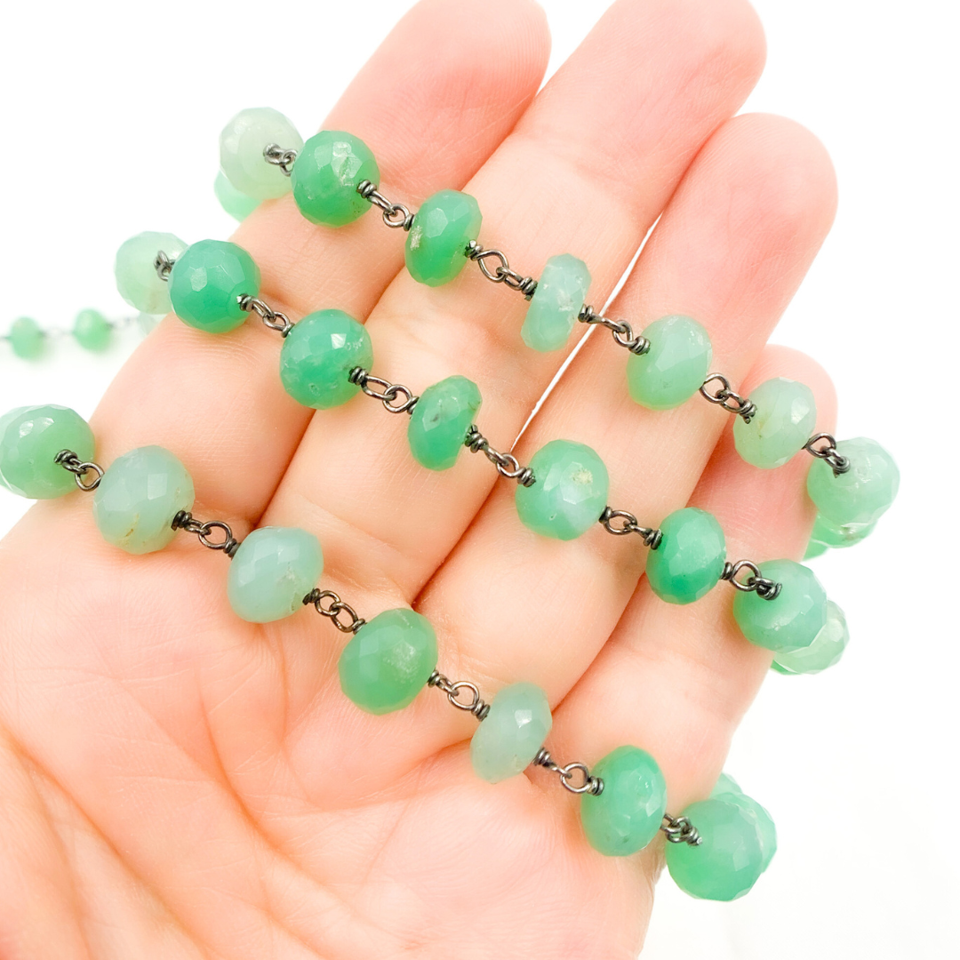 Chrysoprase Rondel Shape Oxidized Wire Chain. CHR22