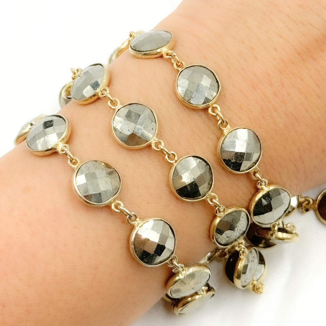 Pyrite Round Shape Bezel Gold Plated Wire Chain. PYR33