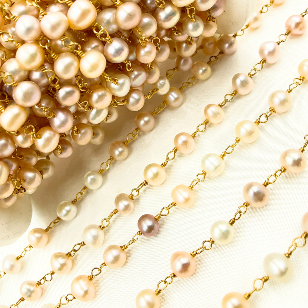 Peach Pearl Round Gold Plated Wire Chain. PRL45