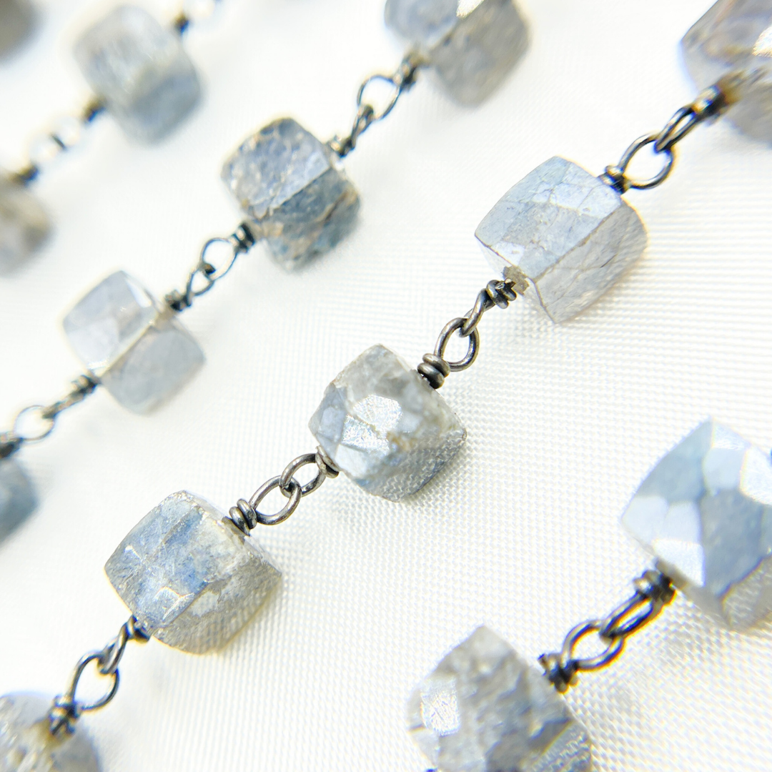 Coated Labradorite Cube Shape Oxidized Wire Chain. CLB50