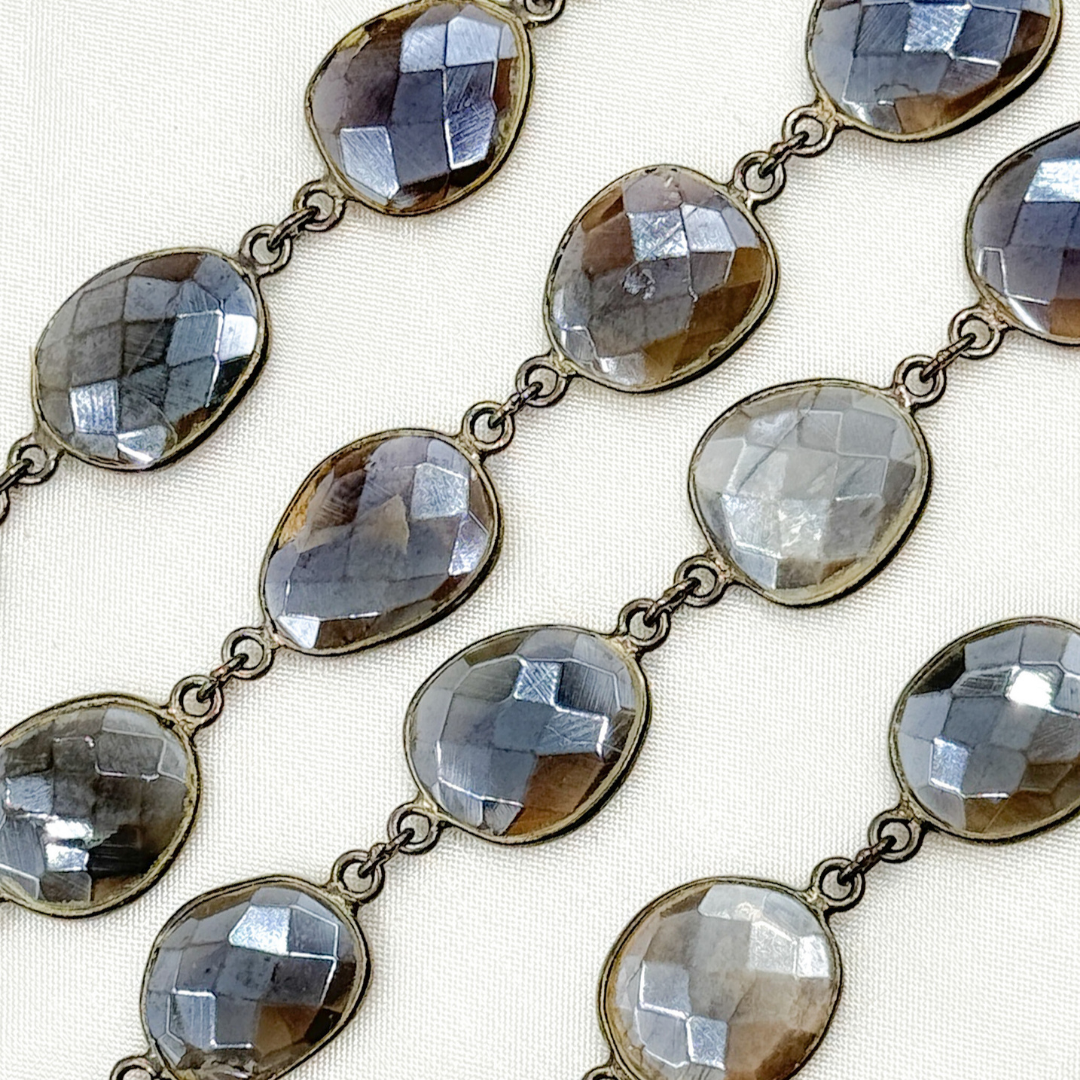 Coated Grey Moonstone Organic Shape Bezel Oxidized Wire Chain. CMS3