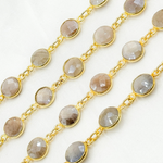 Load image into Gallery viewer, Coated Light Grey Moonstone Round Shape Bezel Gold Plated Wire Chain. CMS114
