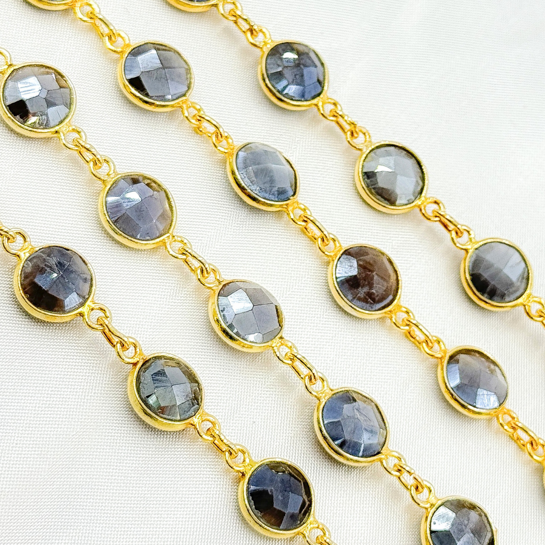 Coated Grey Moonstone Round Shape Bezel Gold Plated Wire Chain. CMS23