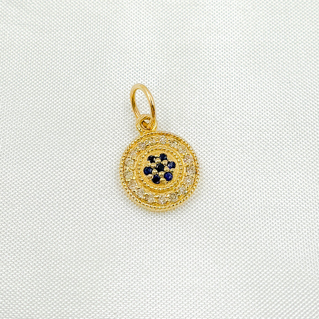 14k Solid Gold Diamond and Blue Sapphire Circle Charm. GDP372