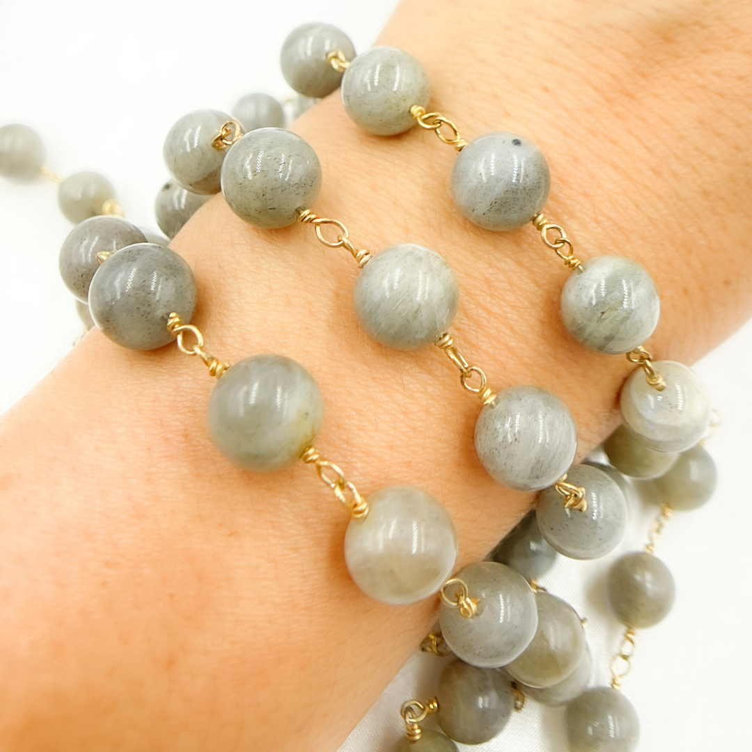 Labradorite Smooth Round Shape Gold Plated Wire Chain. LAB86