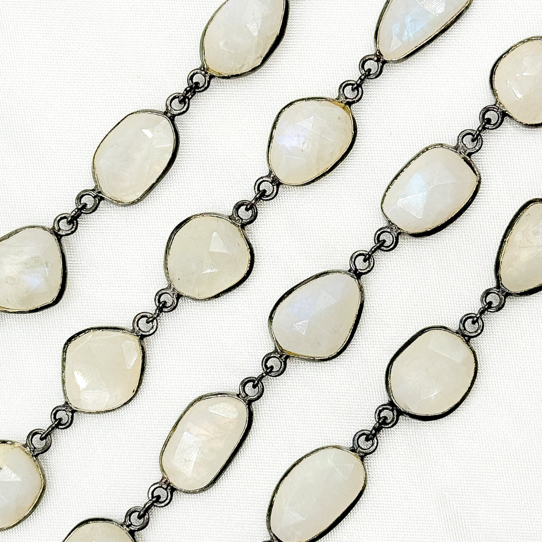 White Moonstone Organic Shape Bezel Oxidized Wire Chain. WMS35