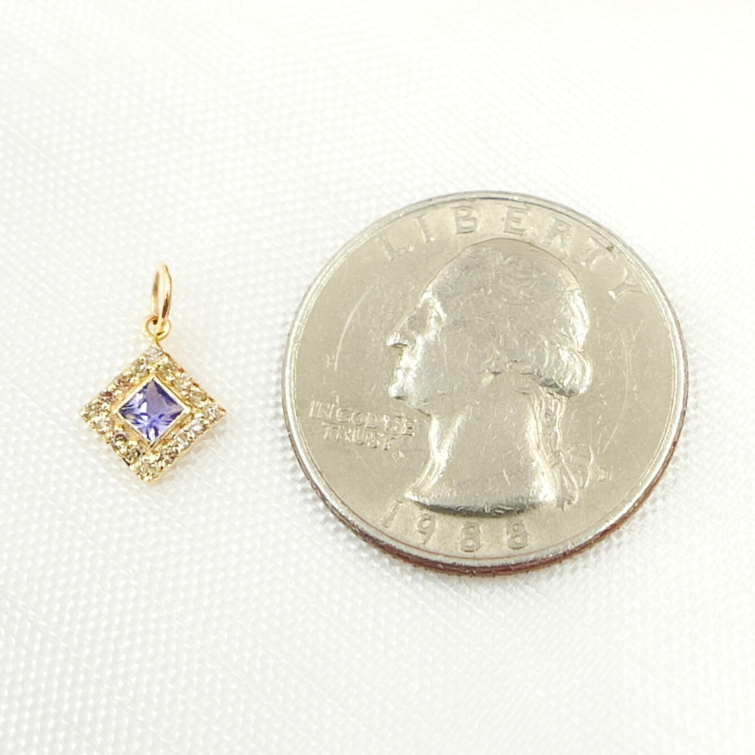 14K Solid Gold Diamond Square Charm with Gemstones. GDP451