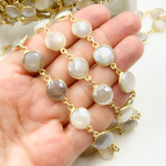 Load image into Gallery viewer, Coated White Moonstone Round Shape Bezel Gold Plated Silver Wire Chain. CMS18
