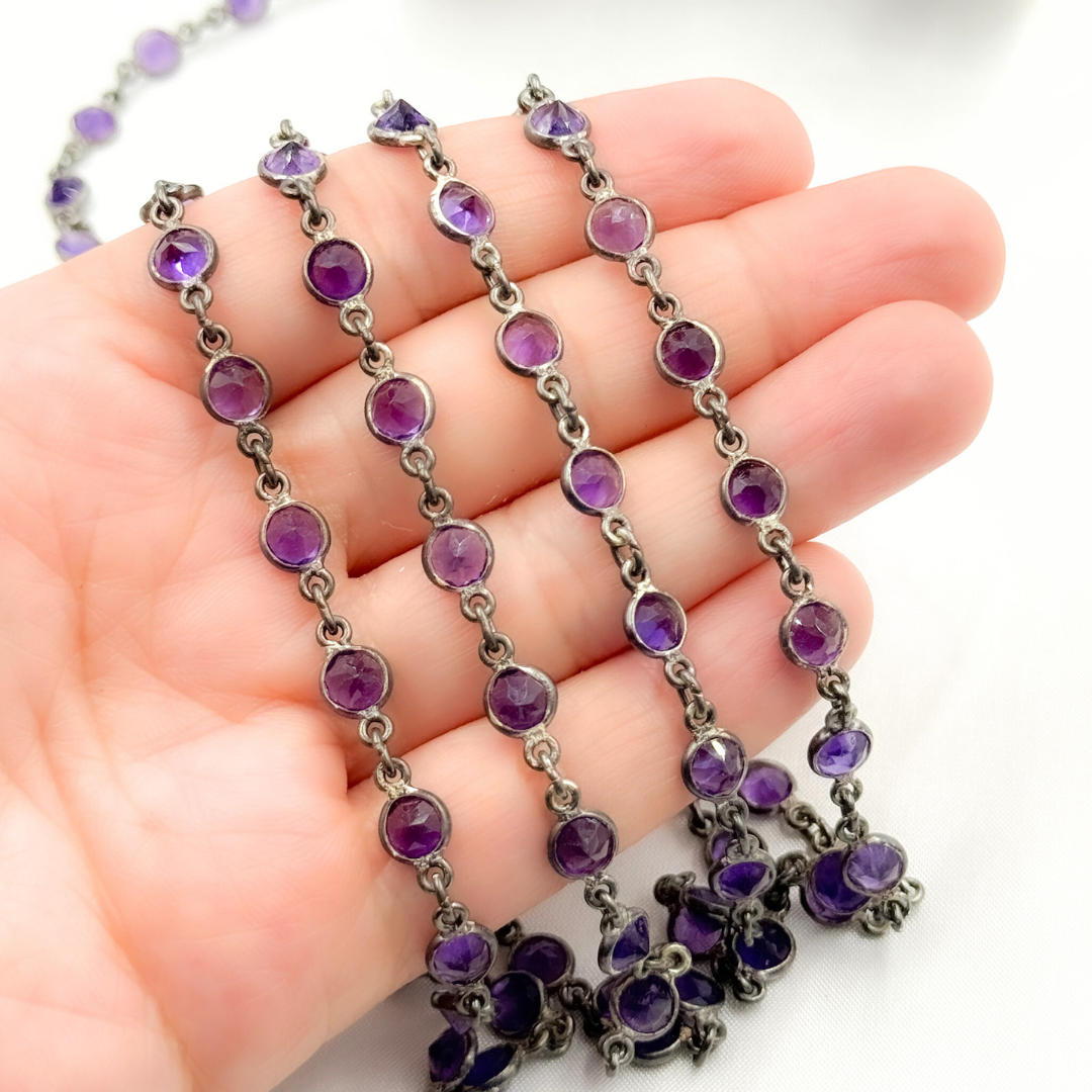 Amethyst Round Shape Bezel Oxidized Wire Chain. AME7