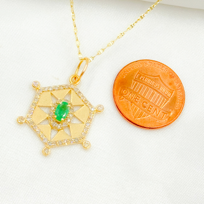 GDP649. 14K Solid Gold Diamond Hexagon Shape Charm With Gemstone in the Center